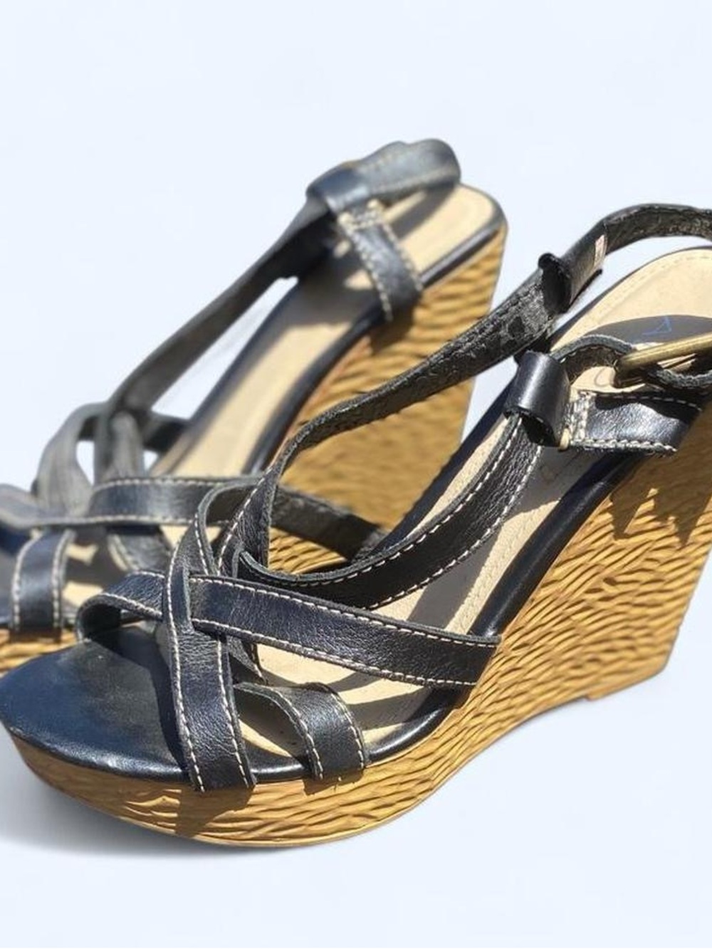 Aldo Black Strappy Wedge Sandals with Tan Woven Platform